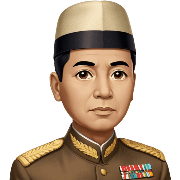 ​Cinematic Realistic Portrait of Sukarno, depicted in a lifelike, realistic style based on his iconic portrait, showcasing his thoughtful, charismatic expression in period attire, rendered with detailed textures and warm, evocative lighting that captures his pioneering spirit and national pride, emoji