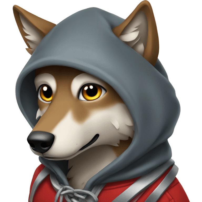 Wolf wearing a red bandana around its neck and a hoodie emoji