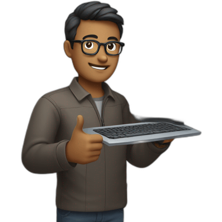 man wearing glasses and holding a computer in his right hand and signaling OK with his left hand emoji