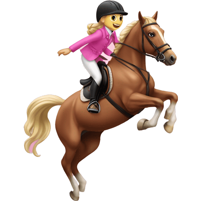 Girl wearing pink equestrian clothes on a horse jumping emoji