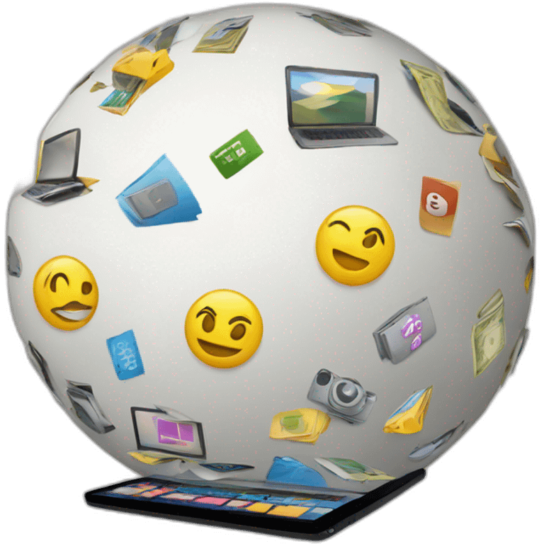 a sphere of small emojis of camera, laptops, dollar signs, people, paper, iphone,  emoji