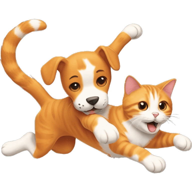 Orange cat jumping with dog freind emoji