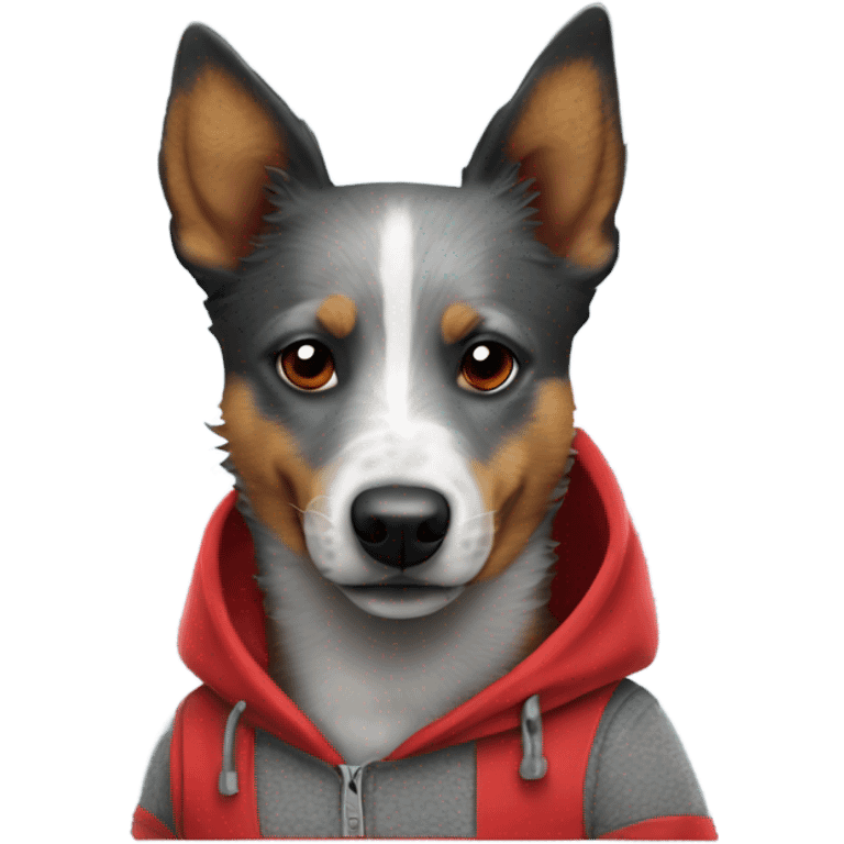 Blue heeler wearing a red hoodie emoji