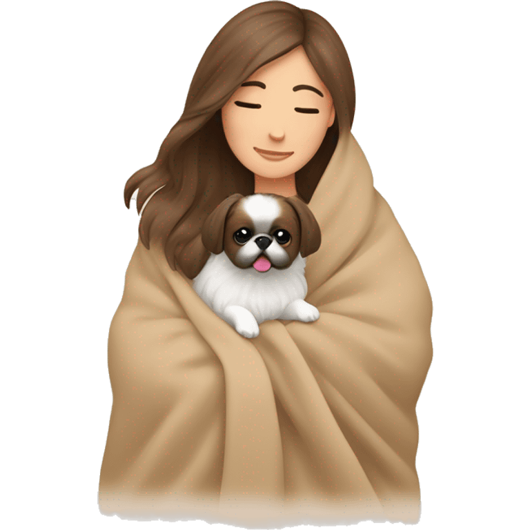 A Women with brown hair is cradling her Pekingese in a beige blanket emoji