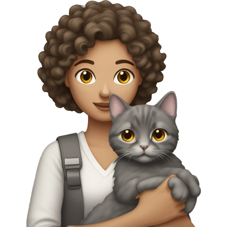 Pretty brunette curly hair woman holding a grey cat  emoji