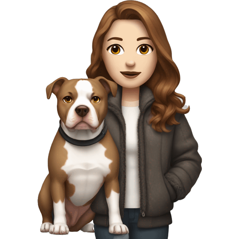 white woman with long brown hair in a furry jacket standing alongside a white pitbull with a brown patch around his eye emoji