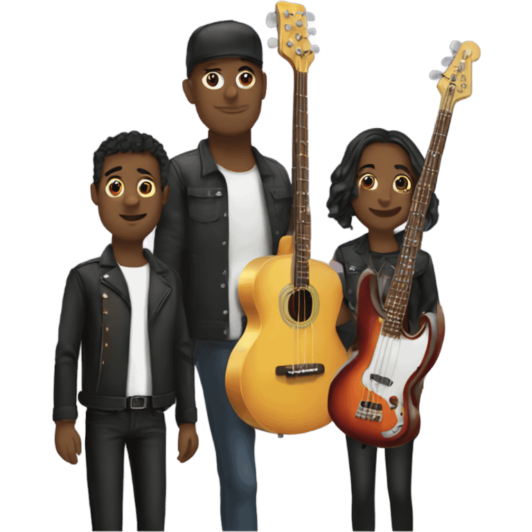 three person band: bass, guitar, and drums emoji