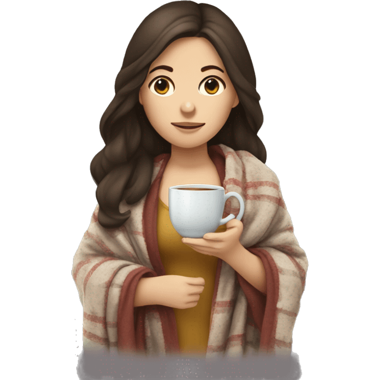 Brunette girl with tea in her hands and a blanket over er shoulders and sick emoji