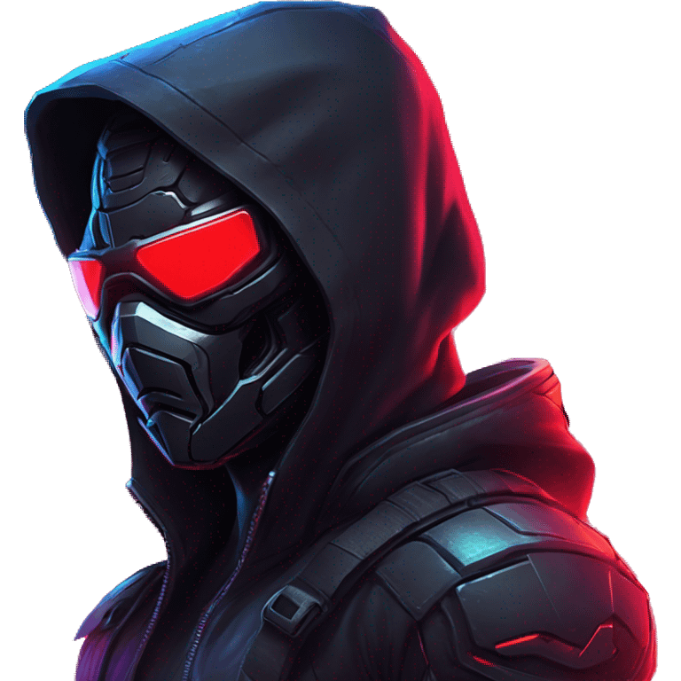 developer behind his laptop with this style : crysis Cyberpunk Riot Games Valorant neon glowing bright red character red dark black hooded assassin themed character emoji