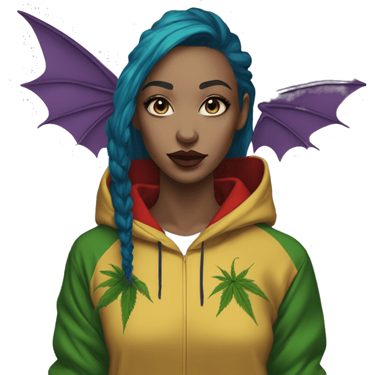 420 Lady with brunette and blue hair, hemp, gold, green dragon wings, maroon hoodie, 420, black and gold Nike t shirt, and bright red eyes emoji