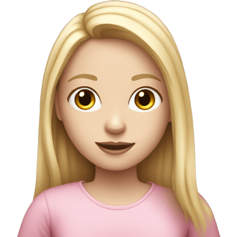 Girl with pale skin and with blond long  hair and  typing on pink MacBook   emoji