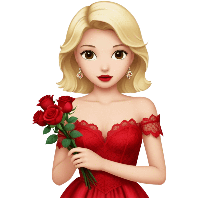 Blonde model with roses and red silk and lace gown emoji