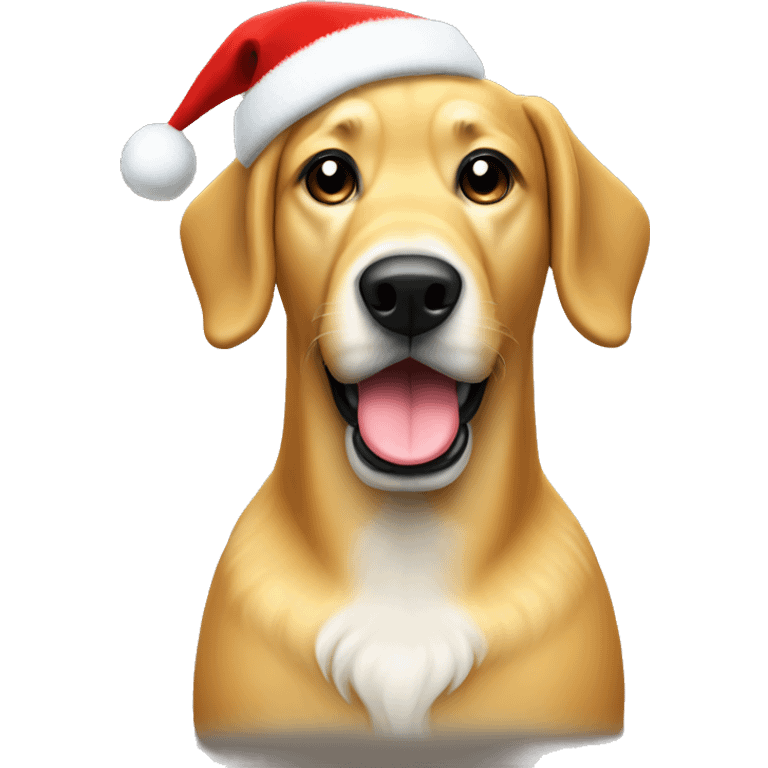 Large Golden dog with skinny snout and black mouth in a Christmas Sweater and hat emoji