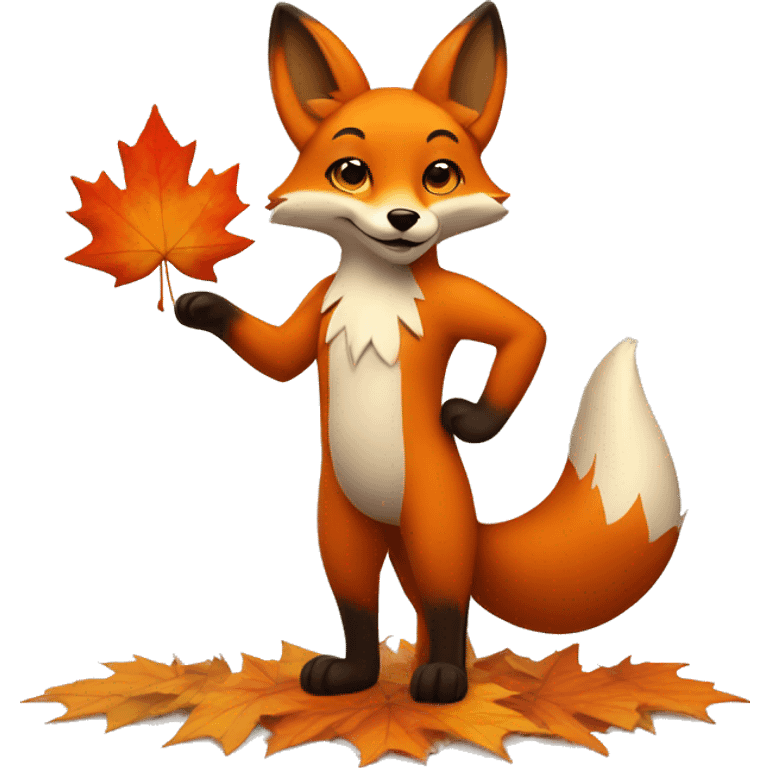 fox standing on two paws holding an autumn maple leaf emoji