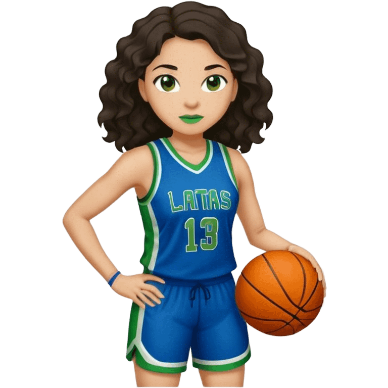 full figure light latino women basketball player with wavy dark hair wearing blue and green uniform emoji