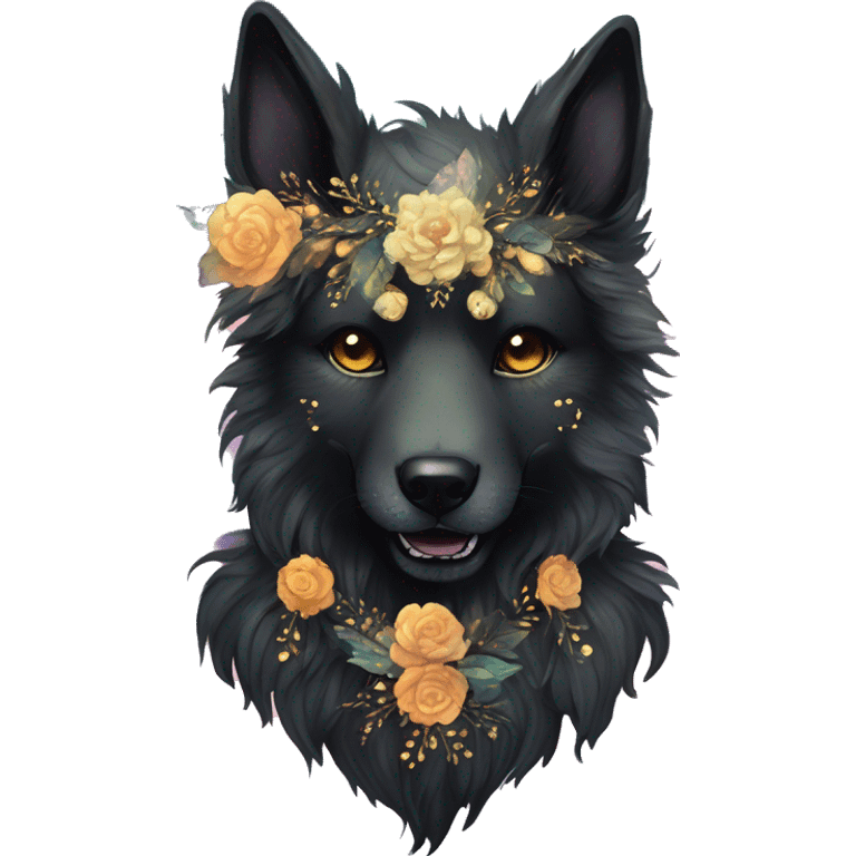 Black iridescent fluffy dog fox head zombie skull skeleton gold mechanical nebula galaxy stars colorful flowers fairy lights vintage emoji