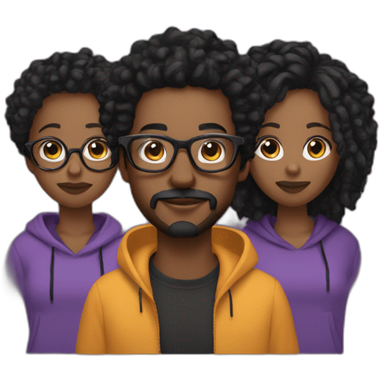 Single young with mustache Black digital creator with glasses and black locs and purple sweatshirt with two black women emoji