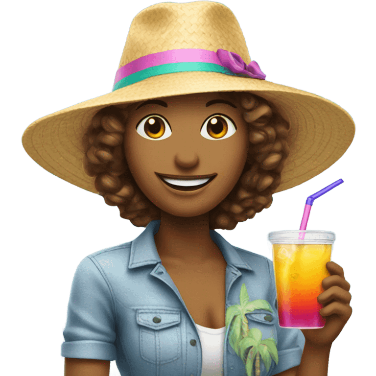 lady with vacation hat holding drink emoji