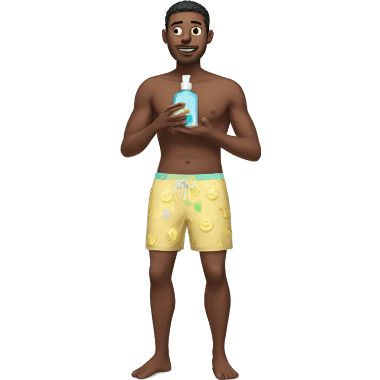 guy holding perfume in swimming trunks emoji