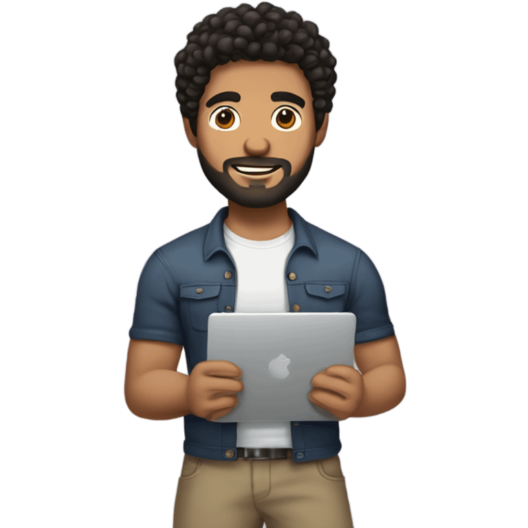 men holding his computer in hands. light brown skin men with curly black hair, dark brown eyes, little grown beard. little bit muscular. dressed casual. round face. emoji