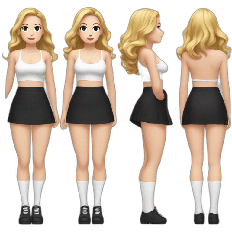 Front view curvy caucasian beauty sitting straight hands up black skirt white knickers white socks emoji