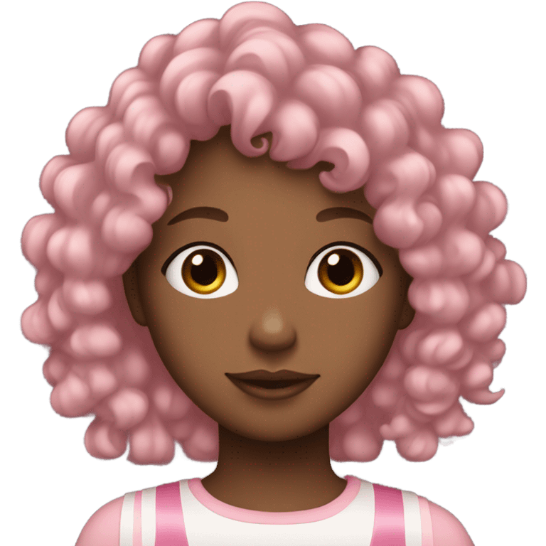 Black girl with curly hair and bangs with a light pink ribbon on the right side of her hair emoji