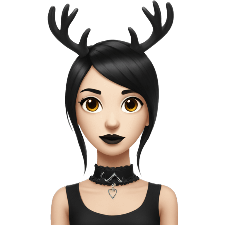 Portrait. Goth deer girl in a black sleeveless dress with a choker. White antlers with deer ears. Black hair emoji