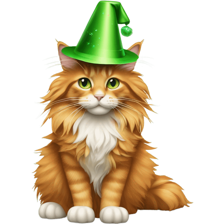 full body of orange maine coon cat with green eyes wearing a new year’s party hat emoji