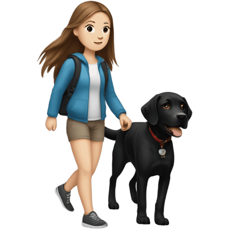 White Girl with straight brown hair walking a black Labrador  emoji