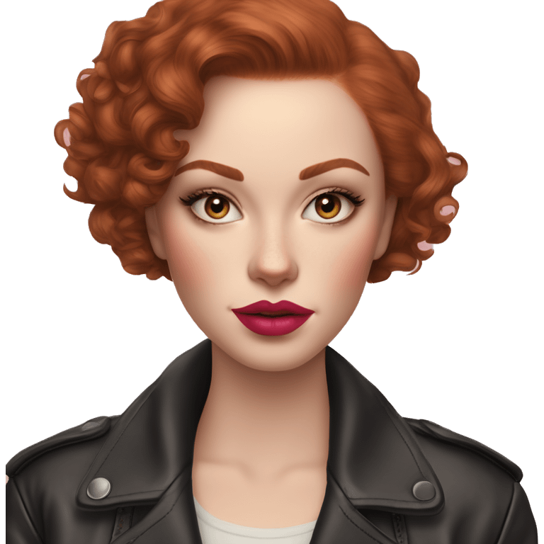 Girl with very pale skin, true red curly short hair with a side part, heavy cat-eye makeup, long eyelashes, bright pink blush and lipstick.  Her eyebrows are dark, arched and very high.  Hazel eyes. Big lips. Thin. Wearing a leather jacket  emoji