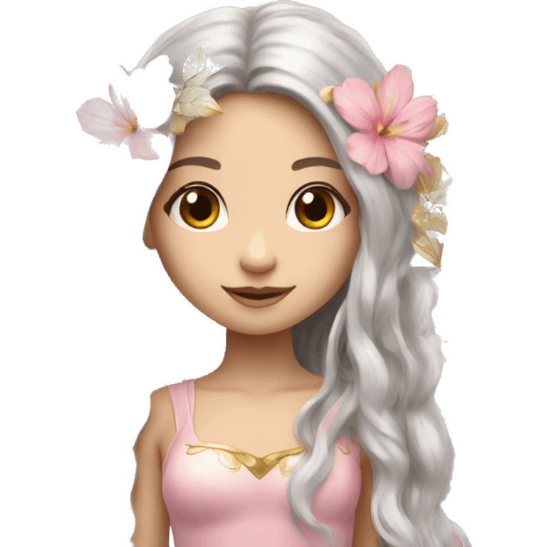 Beautiful, flower, fairy, pink, silver, gold, long hair, big wings, fair skin emoji