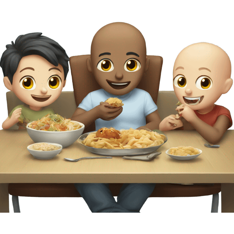 bald boy enjoying food with friends emoji