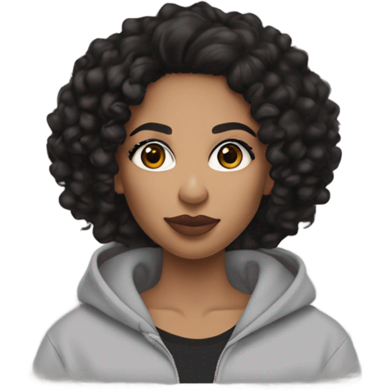 mixed girl with black curly hair (length is chest area) and wears makeup including concealer,mascara,blush, and dark brown eyes and has lips with brown lip liner combo and wearing a Nike hoodie black  emoji