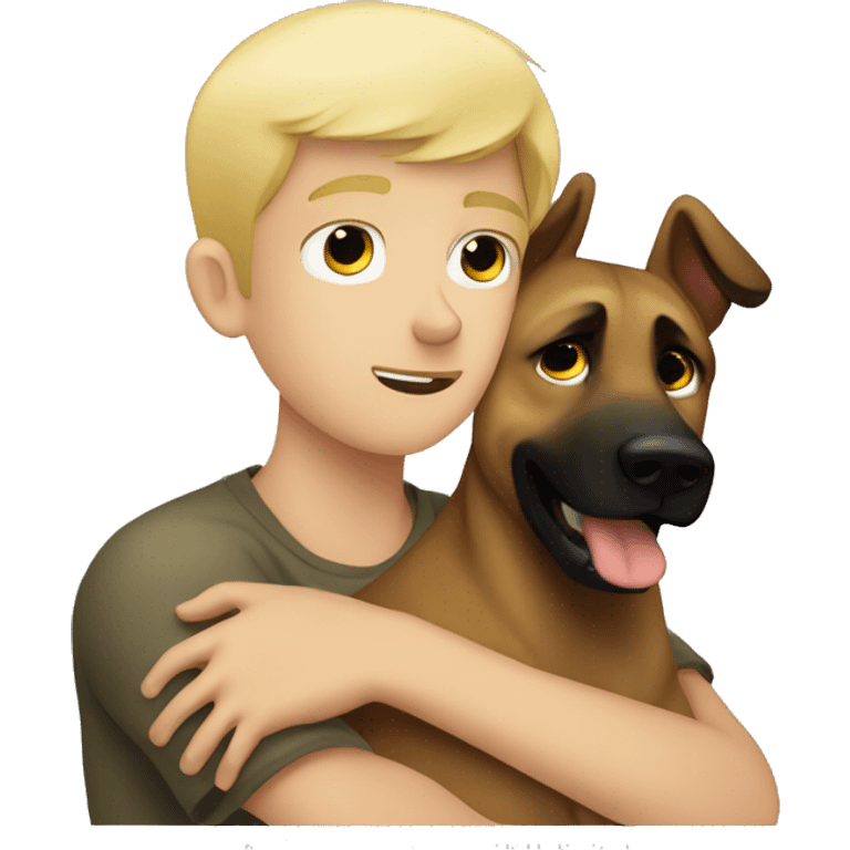 blond boy who hugs his Malinois tightly because he is afraid emoji