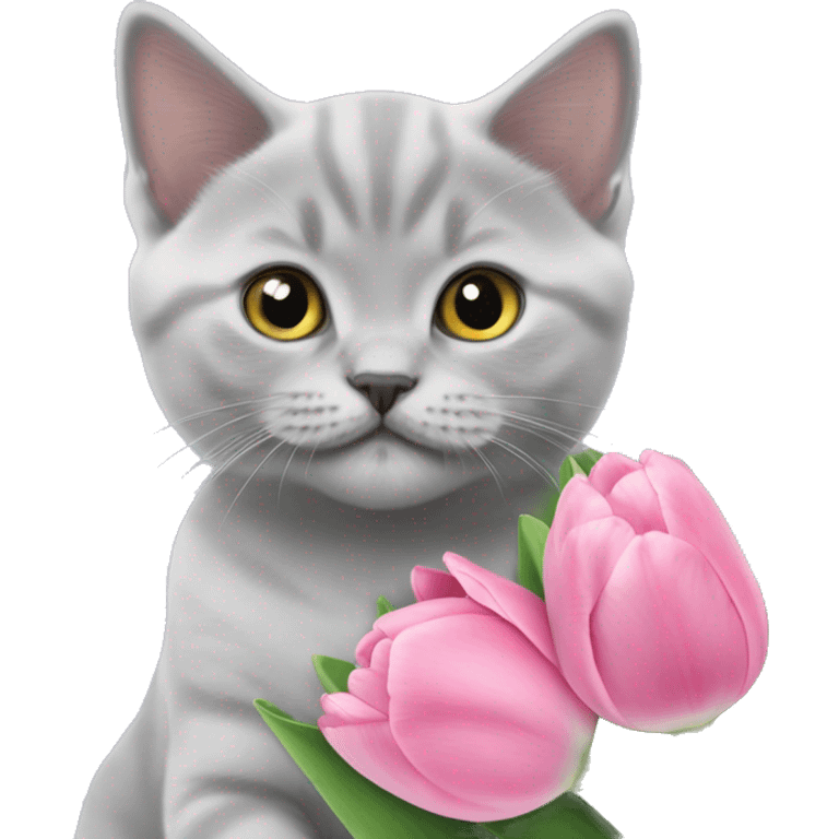 lilac british shorthair kitten holding pink tulips emoji