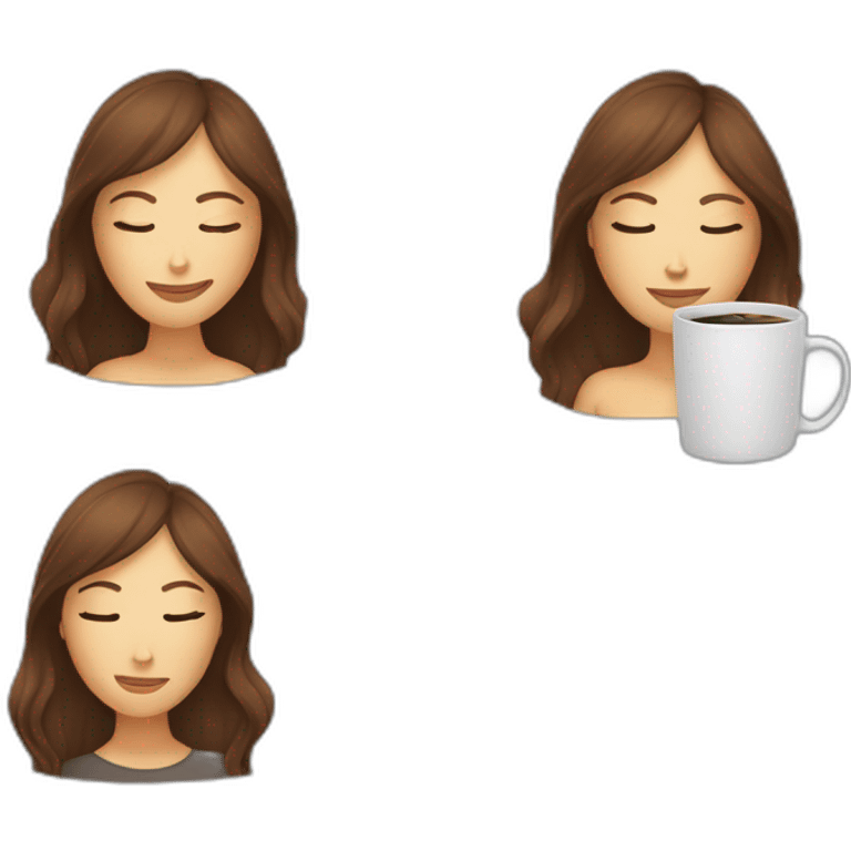 woman with brown hair and pale sking peeking from behind a laptop with eyes closed and a coffee mug in front of the laptopt emoji