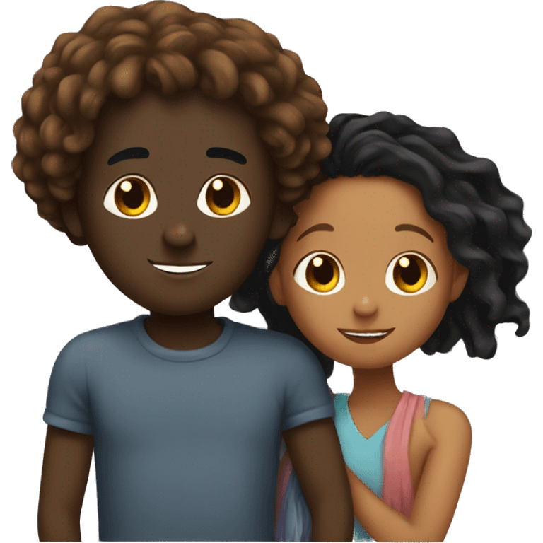 Brown girl with wavy hair hugging black boy who has dreads  emoji