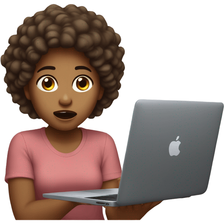 panicked girl with frizzy brown hair sitting down and holding a macbook laptop. emoji