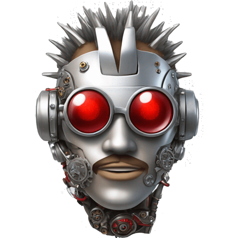 Silver mohawk cyborg head with red steampunk goggles, goatee and circuits emoji