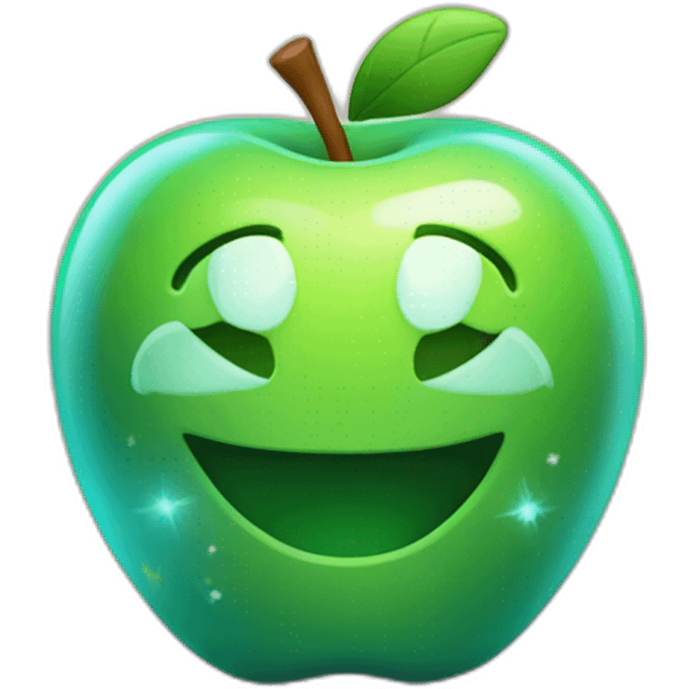 Create a 3D apple with a luminous, semi-transparent skin, revealing a starry interior, set in a garden. emoji