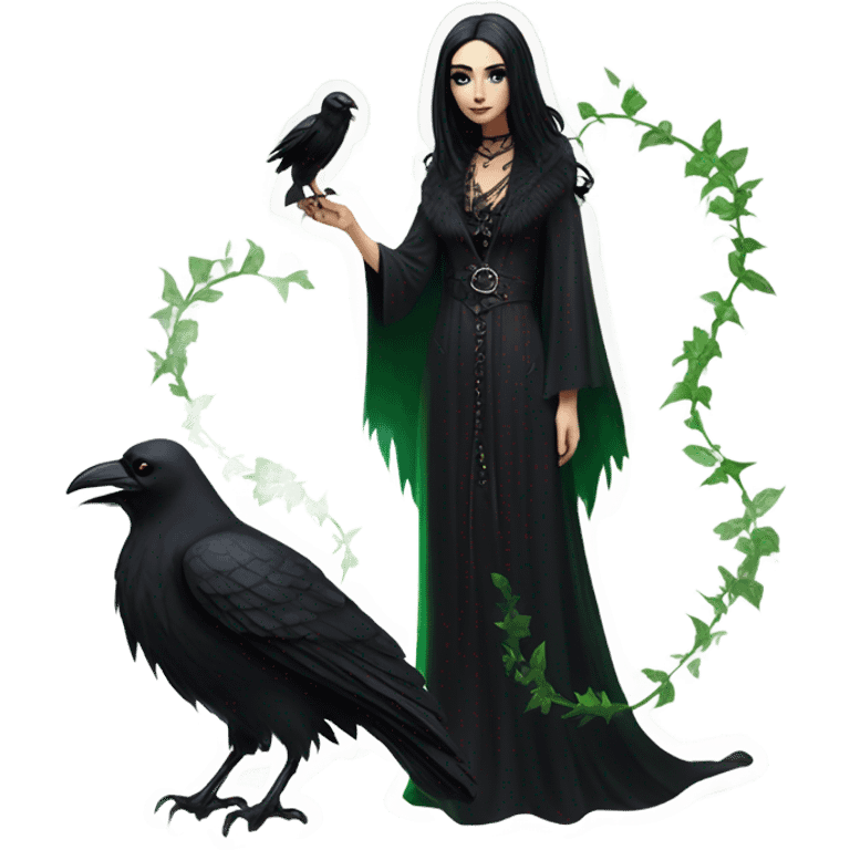 the morrigan goth woman version vines style furr robe stylish boots, perfect eyes, raven on hand, green vines decor on ground emoji