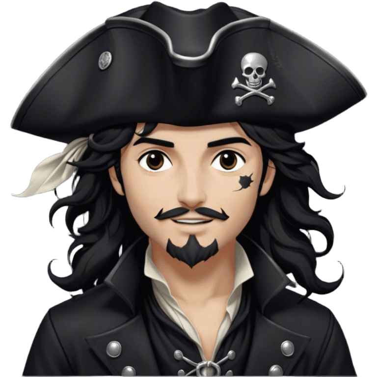 A charismatic pirate with wavy black hair tousled by the breeze. His silver-embroidered tricorn hat casts a shadow. Dark eyes glint with mischief as he looks to the side, a knowing smile on his lips. His black coat, adorned with silver buttons, shifts with the wind emoji