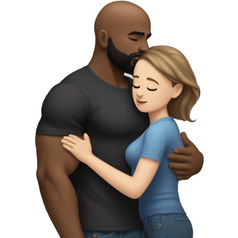 Curvy White brunette kissing muscular black bald man with beard emoji