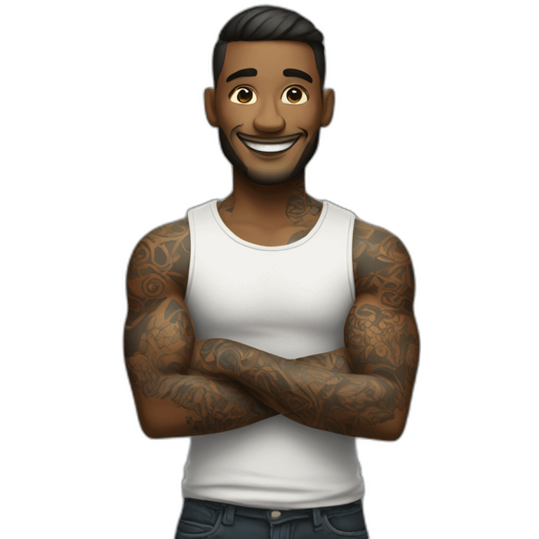 tattooed man smiling with arms crossed emoji