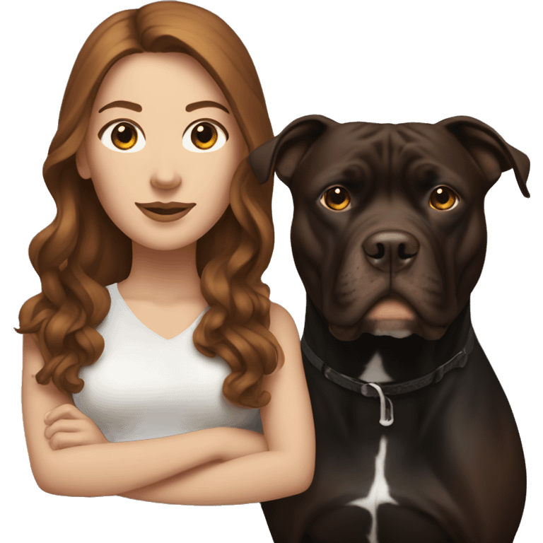 white woman with long brown hair standing alongside a black pitbull  emoji