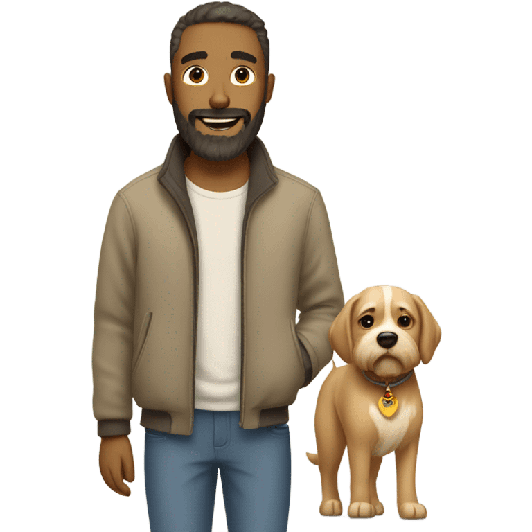 Bearded man taking his short hair beige dog for a walk  emoji