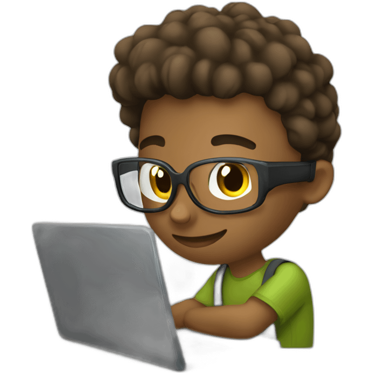 young man with laptop writes code on python emoji