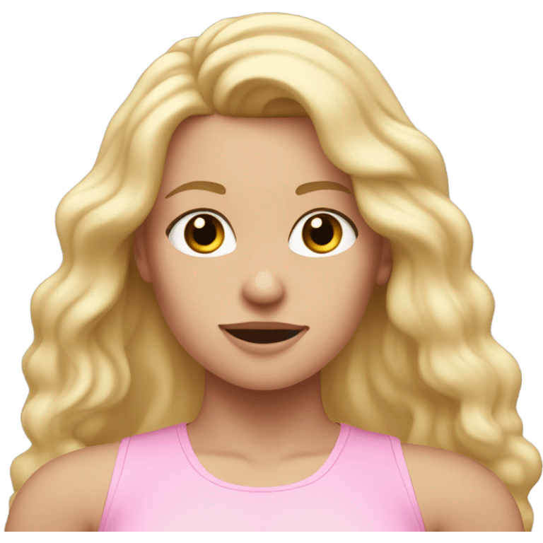 White woman, long hair, blonde hair, wavy hair, baby pink workout clothes, sweaty emoji