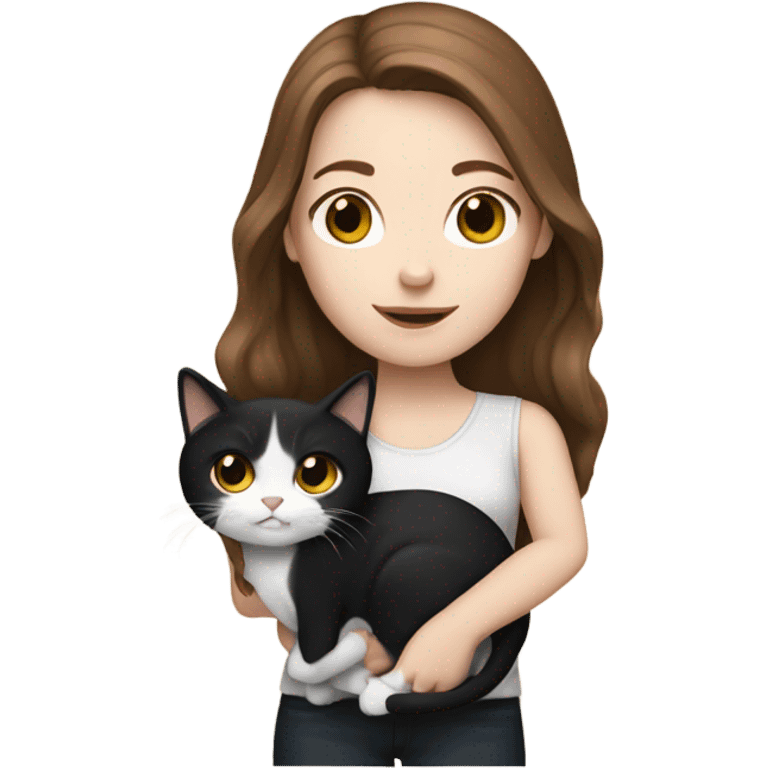 White girl brown hair with a cat black and white  emoji