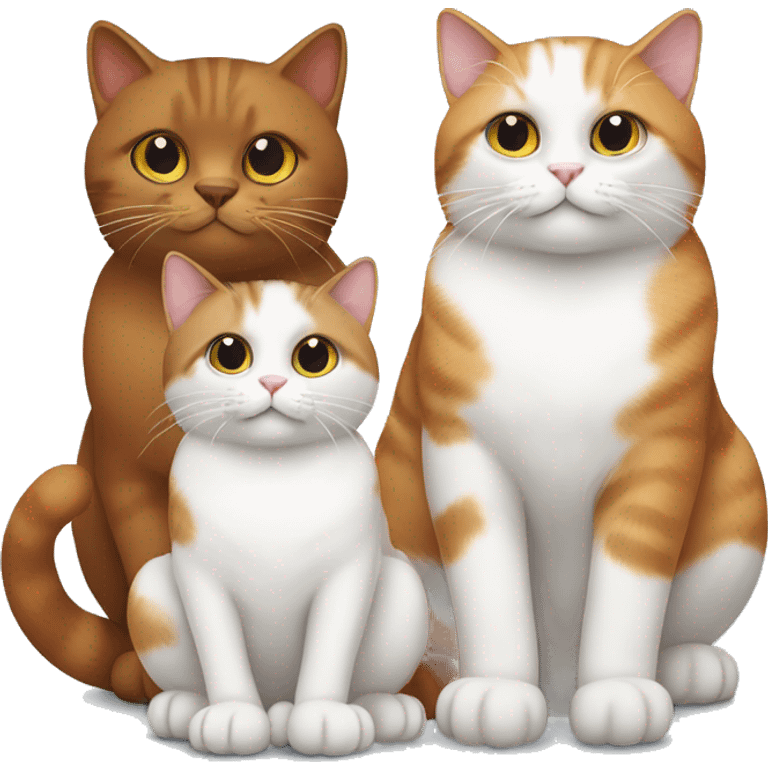 Three cats sitting together one brown, one white, the other orange and white emoji